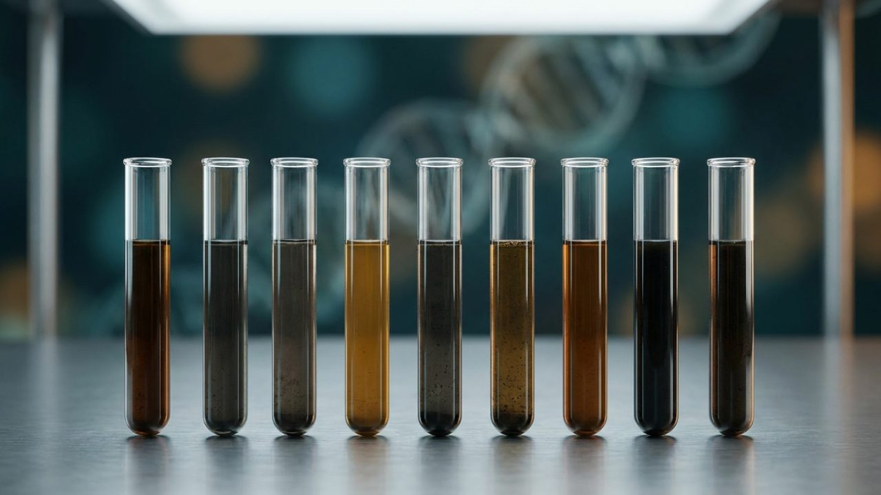 Vedecká dátová vizualizácia, meta-analýza biodynamických preparátov BD500-BD508, ilustrácia sekvenovania so stĺpcovými…
