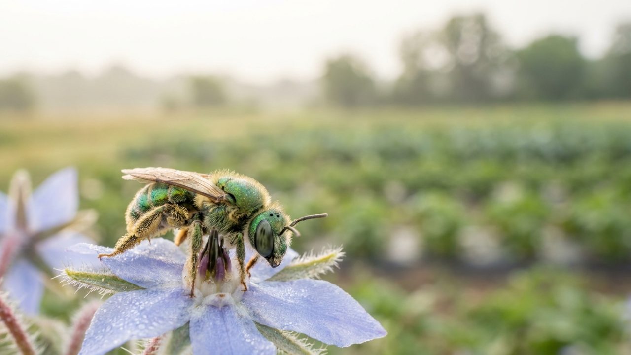 Makro fotografia v kombinácii s dátovou vizualizáciou, divá včela na kvete poľnohospodárskej plodiny v popredí ostro…