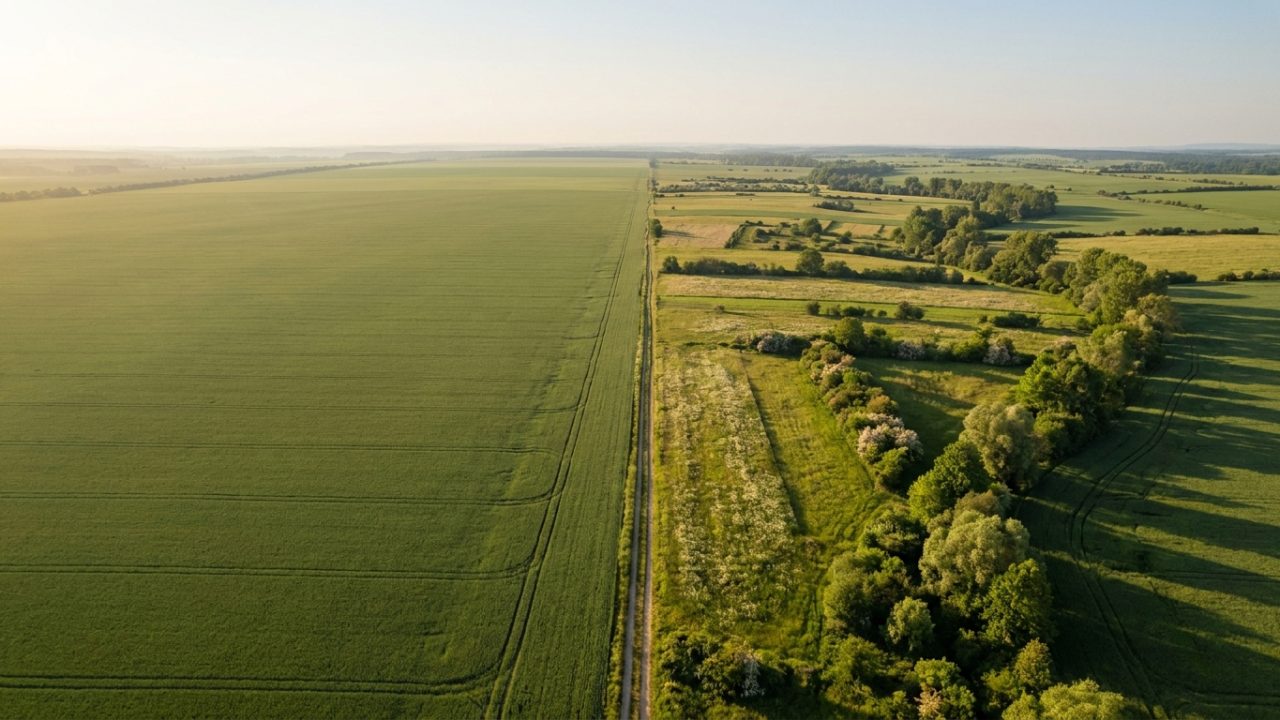 Široká krajinná fotografia, rozsiahle monokultúrne pšeničné pole siahajúce po horizont, kontrastované s malými poľami s…